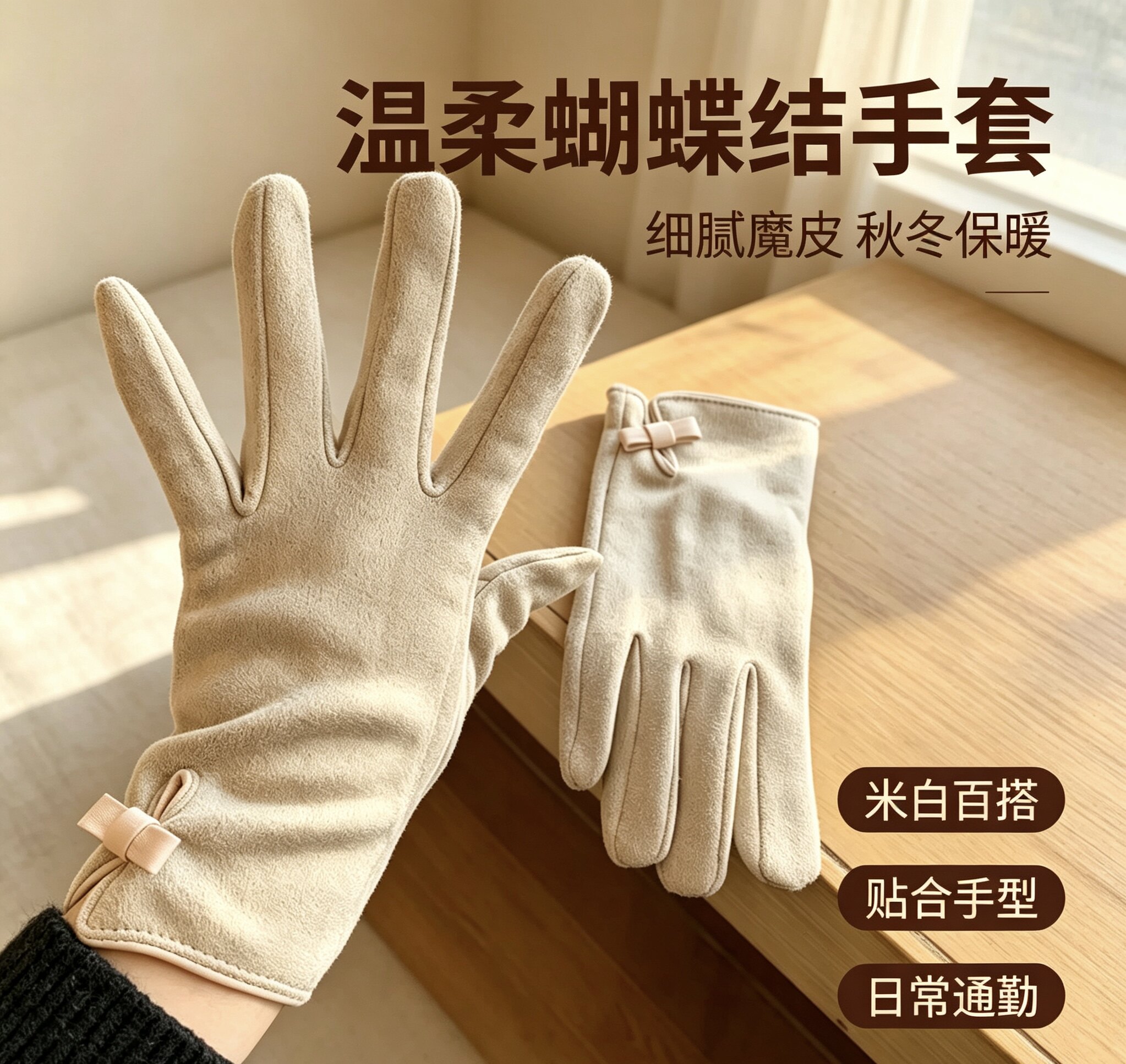 秋冬新款保暖手套可触屏简约加绒保暖韩版开车五指麂皮绒手套骑行