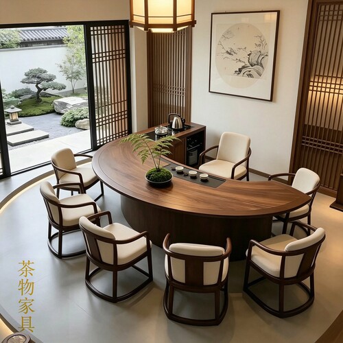 宋式美学多功能实木弧形茶桌椅