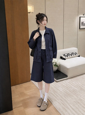 深紫色工装套装女秋季新款复古港风休闲夹克外套直筒七分裤两件套