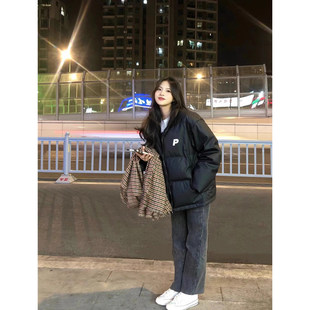 免洗pu皮加绒加厚棉服外套女2026冬款休闲宽松字母印花保暖面包服