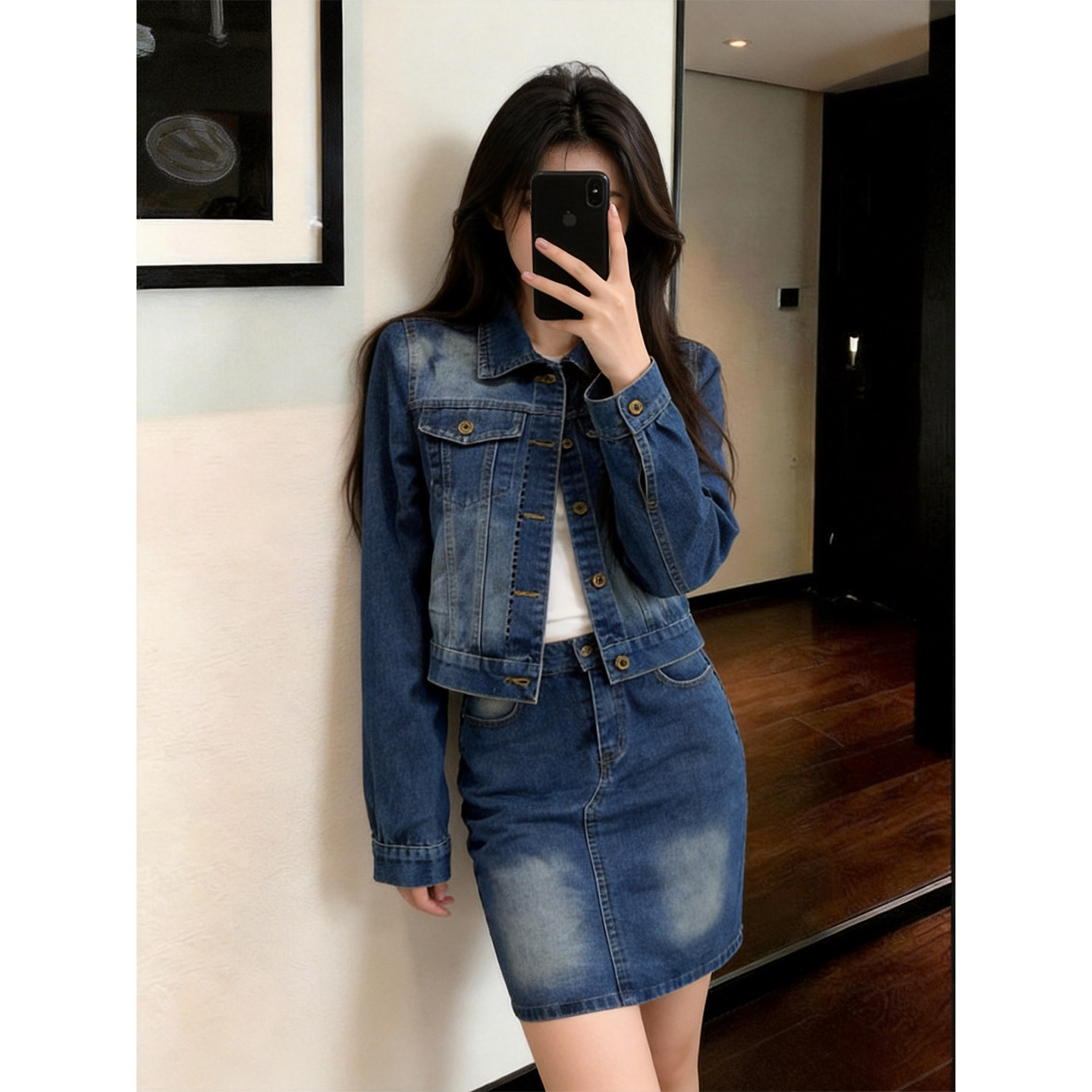 港风复古牛仔两件套女秋季小个子短款夹克包臀短裙子休闲时尚套装