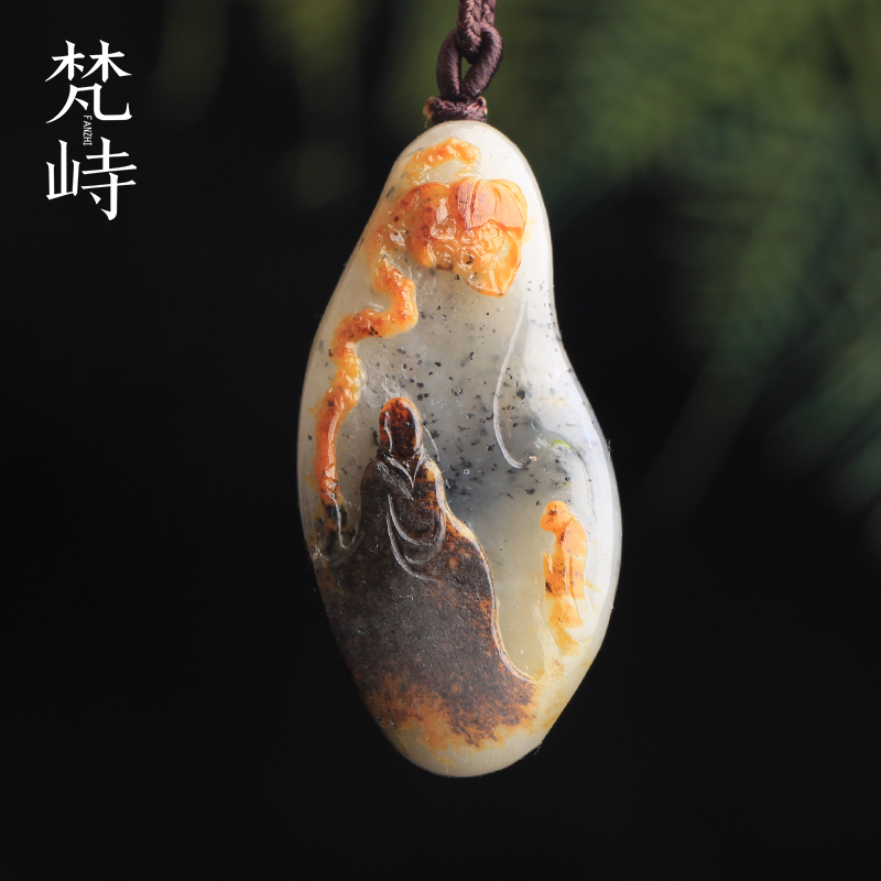 梵峙和田玉籽料悟道莲花黄沁皮青花玉新疆料送证书