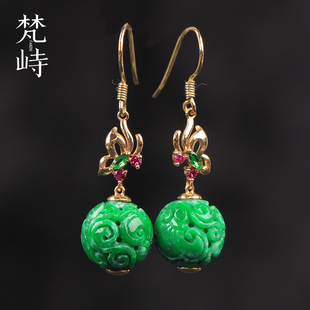 梵峙缅甸翡翠干青雕花如意镂空18K金耳钩耳环复古风