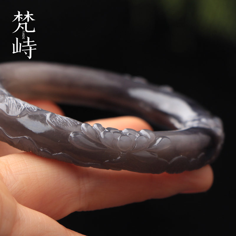 和田玉新中式手镯冰烟紫玉莲花