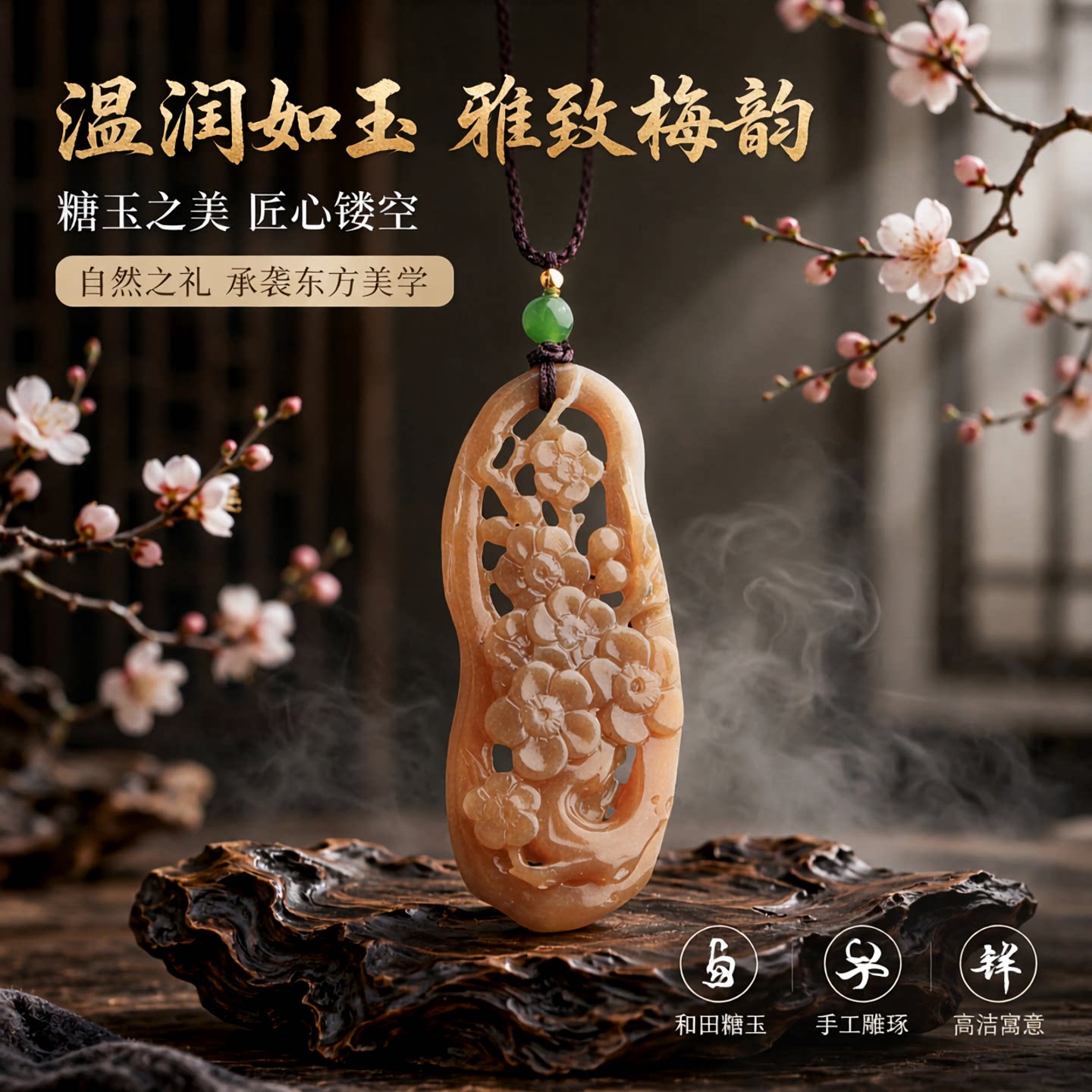 梵峙和田玉糖玉梅花镂空挂件吊坠