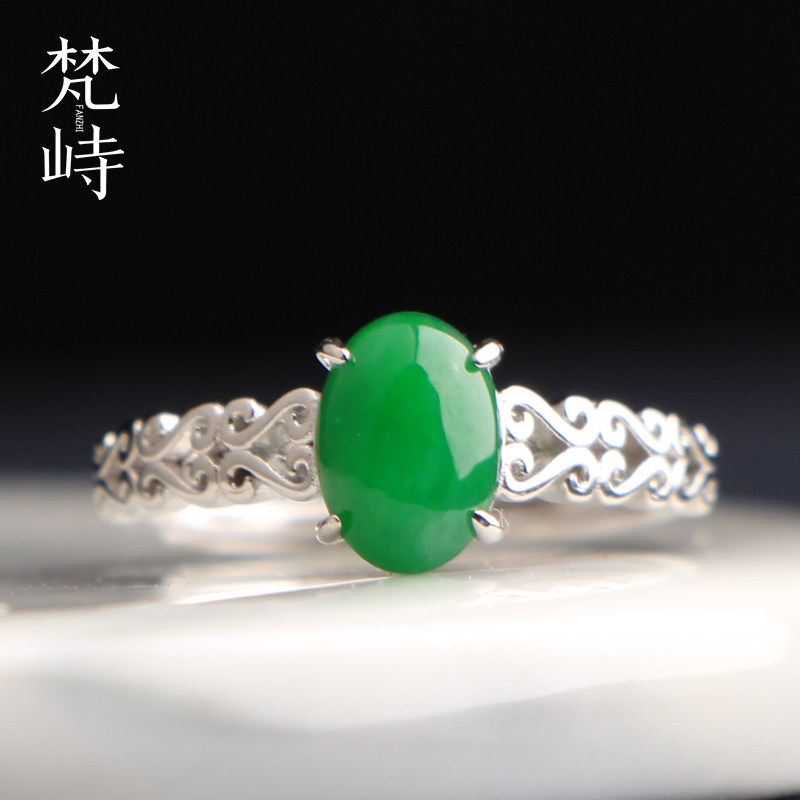 翡翠辣绿阳绿925银戒指送证