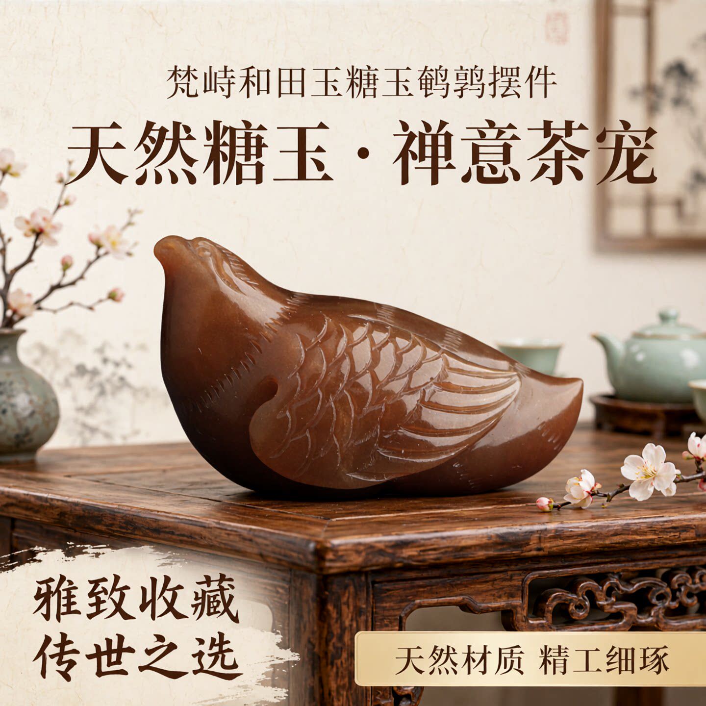 梵峙和田玉糖玉鹌鹑摆件茶宠新送证书