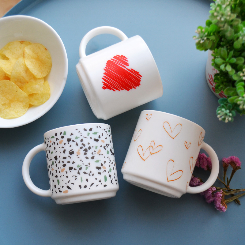 白色钢化玻璃有盖子印花把杯