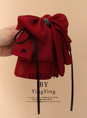 法式复古高级感飘带蝴蝶结发夹红色抓夹后脑勺简约马尾夹发饰