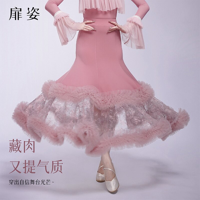 高端华尔兹摩登舞蕾丝拼接裙子