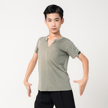 男孩子拉丁舞练功服上衣夏季短袖宽松透气V领专业儿童男舞蹈T恤衫