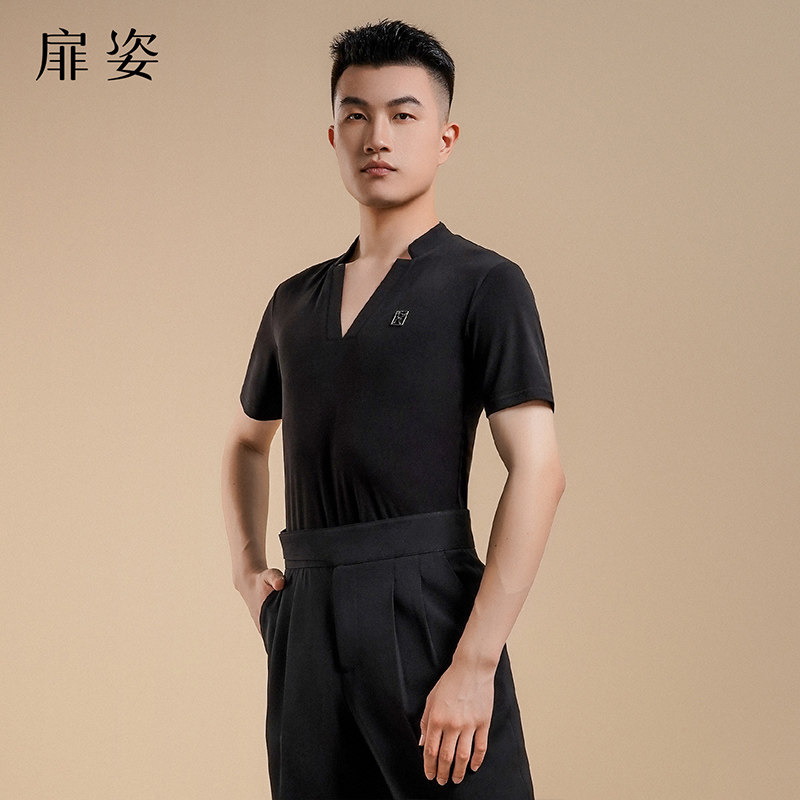 专业男士摩登舞短袖上衣夏季舞蹈练功服男生拉丁舞蹈练习V领T恤衫