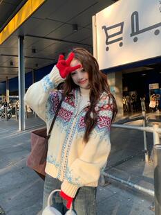 圣诞新年战袍费尔岛毛衣女冬2025新款连帽针织开衫慵懒风软糯外套