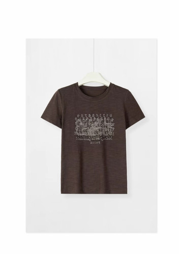 『渐变字母烫钻咖色圆领』轻薄显瘦短袖 T 恤HBT1576