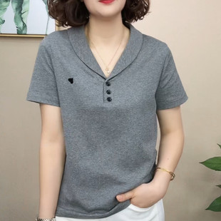 T恤新款 精梳棉打底衫 青果领短袖 时尚 套头上衣 百搭减龄小衫 妈妈装
