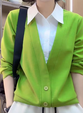 假两件套头衬衫领长袖打底衫女装