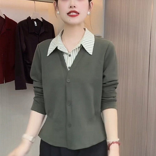 棉假两件条纹女装衬衫秋季翻领