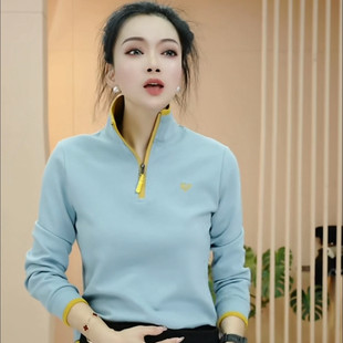 春装长袖t恤女休闲百搭半拉链立领显瘦微宽松空气棉打底衫两用衫