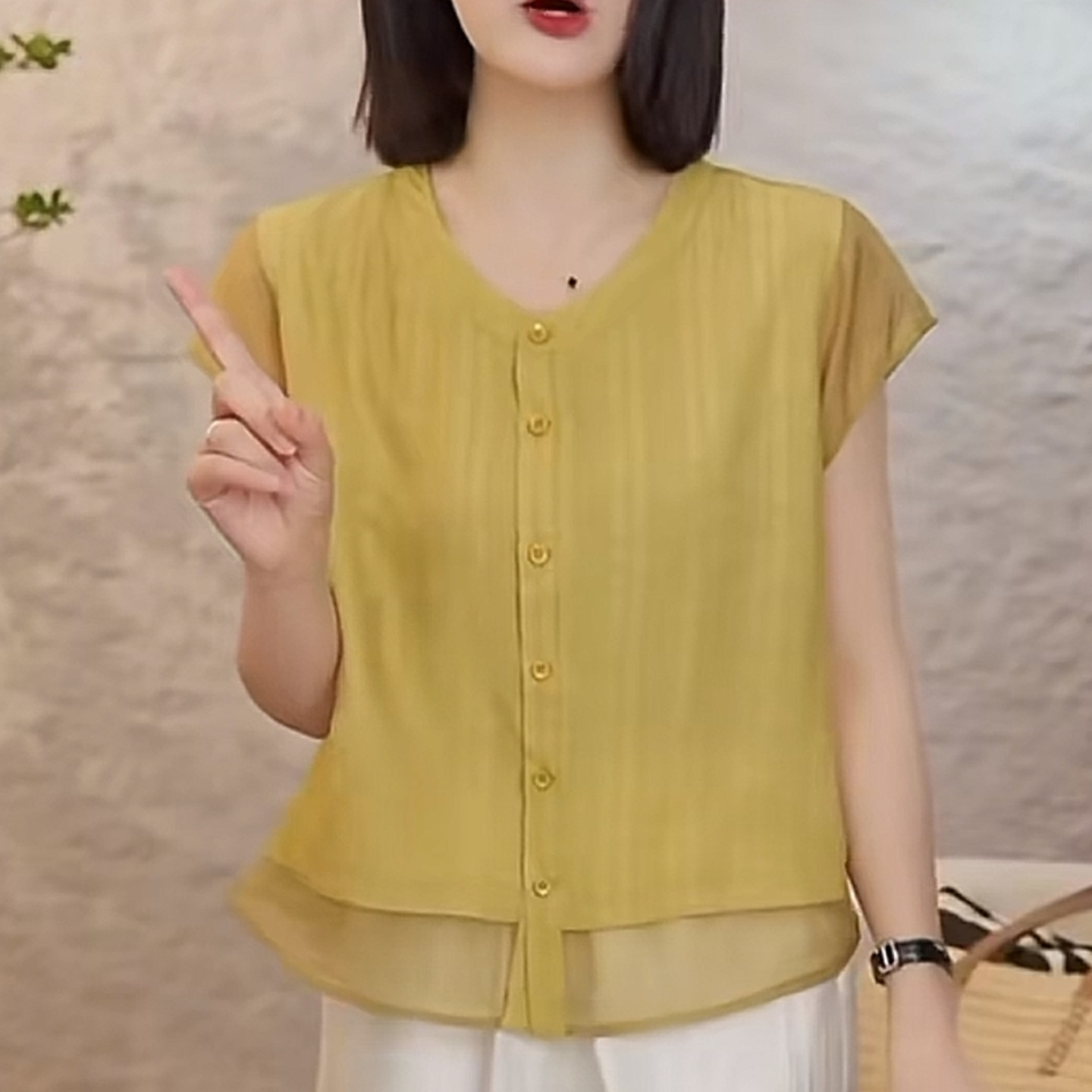 夏季短袖天丝衬衫V领开衫薄款女