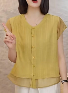 夏季短袖天丝衬衫V领开衫薄款女