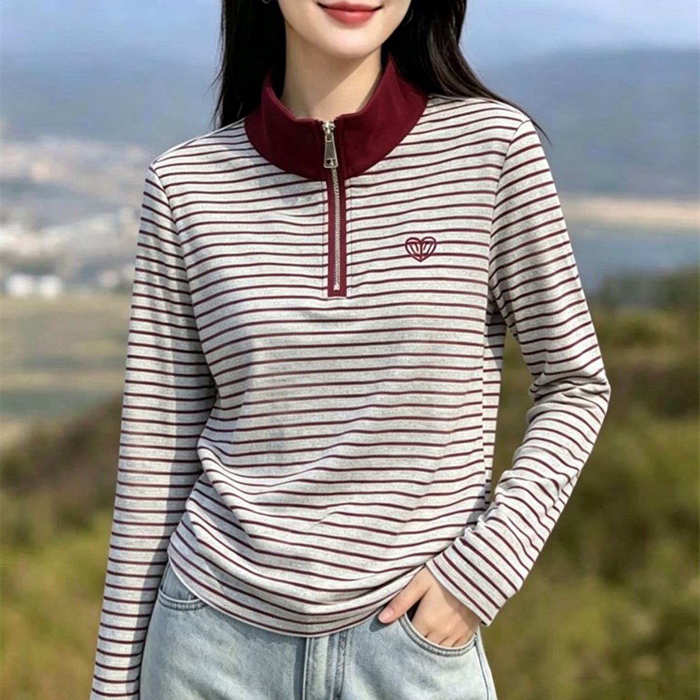 春装长袖t恤女休闲百搭半拉链立领显瘦微宽松空气棉打底衫两用衫