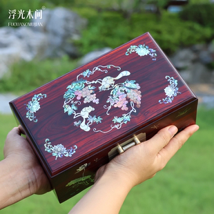 浮光木间 松鼠葡萄贝壳螺钿镶嵌首饰盒吉祥图案收纳盒收藏礼品盒
