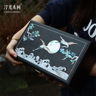 浮光木间 松鹤延年紫光檀全独板螺钿镶嵌首饰盒非遗手工收纳盒