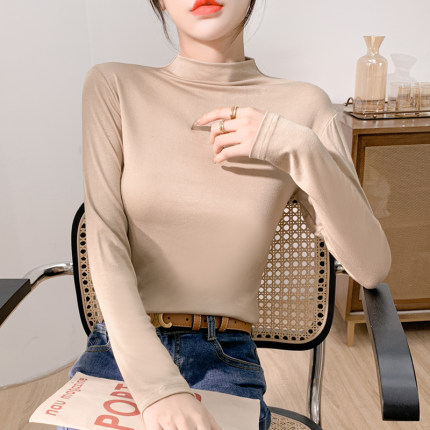 圆领莫代尔长袖打底衫女士薄保暖基础款春秋上衣T恤内搭大码半高