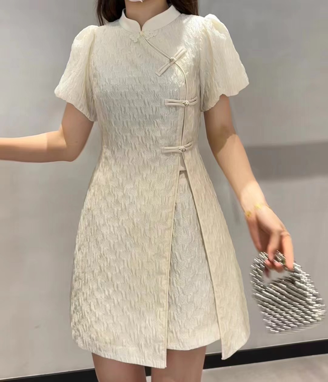 肌理感两件套短裤改良旗袍开叉裙