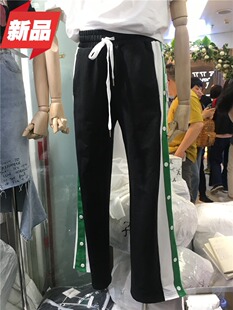直筒黑色运动裤女高腰单排扣侧条纹开叉宽松阔腿休闲拖地长裤子秋