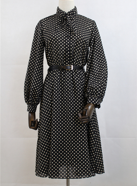 ANAN2023春季韩版黑色波点印花休闲松紧腰长袖中长款雪纺连衣裙女