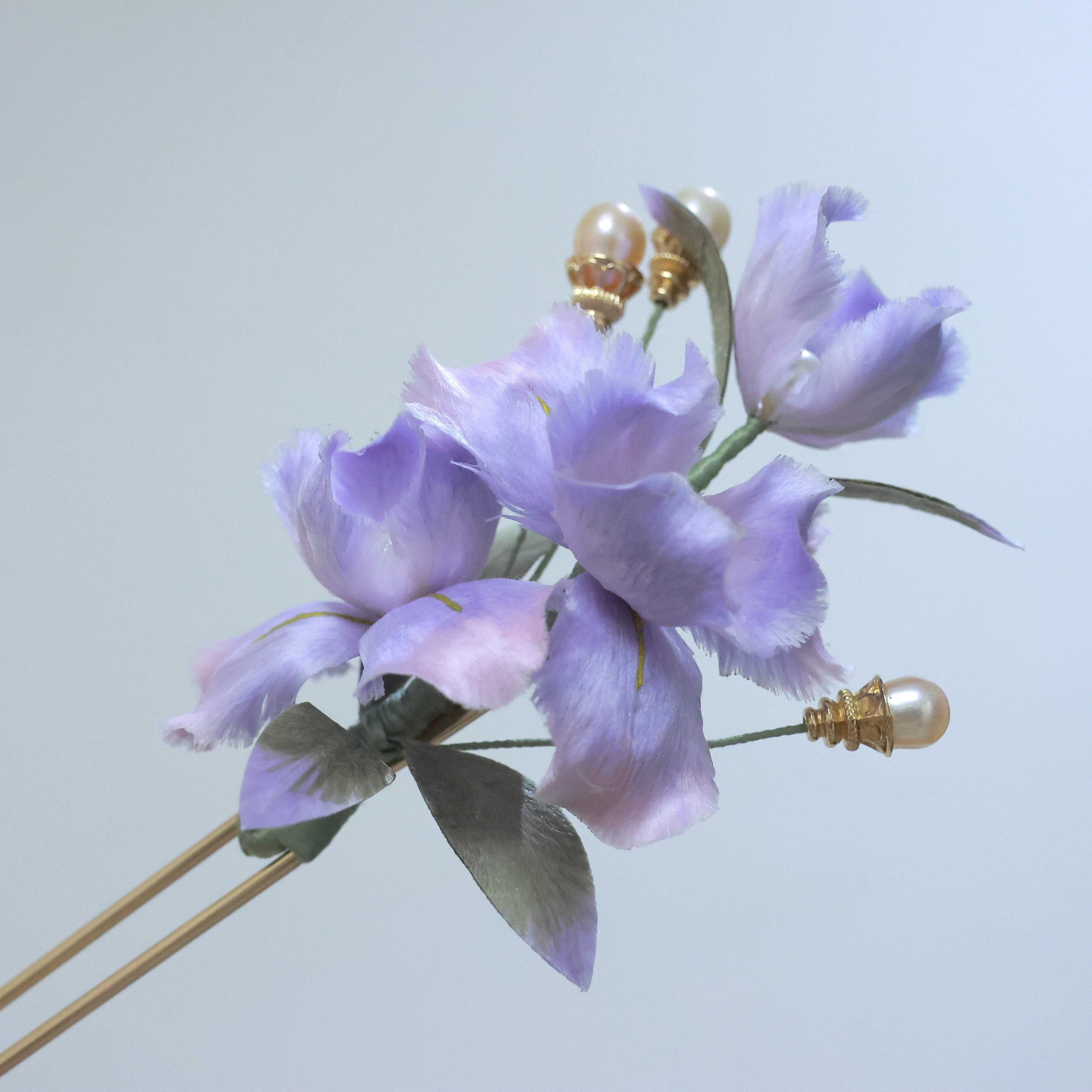 非遗绒花鸢尾花发簪u型发钗汉服配饰蚕丝手工制作中国风穿搭图片