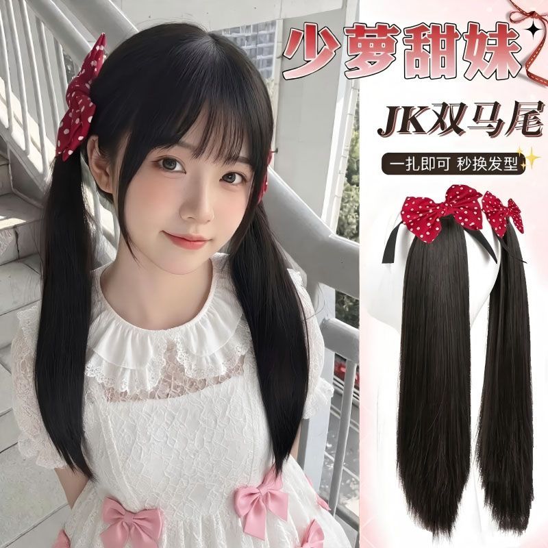假发女绑带双马尾jk日系仿真双马尾假发辫红色波点蝴蝶结发夹头饰