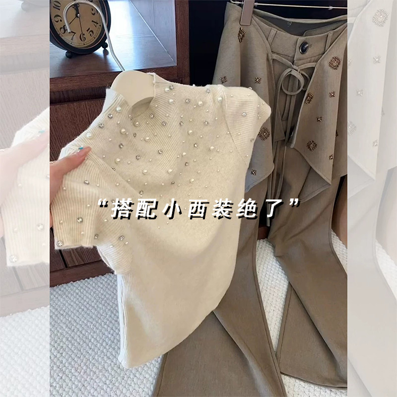 法式重工钉珠半高领短袖针织打底衫女春秋独特漂亮上衣内搭毛衣冬