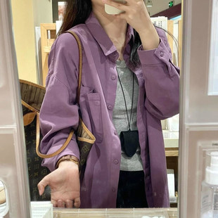韩系紫色水洗纯棉衬衫女2026春秋季慵懒风宽松休闲气质衬衣外套