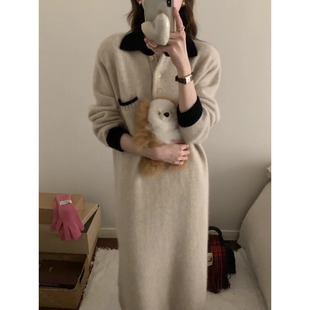 韩风polo翻领撞色毛衣连衣裙大码女装长款宽松针织长裙2025秋季