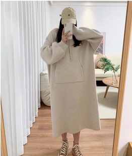 韩国chic胖MM秋冬宽松连帽口袋休闲大码毛衣纯色连衣裙慵懒长款裙