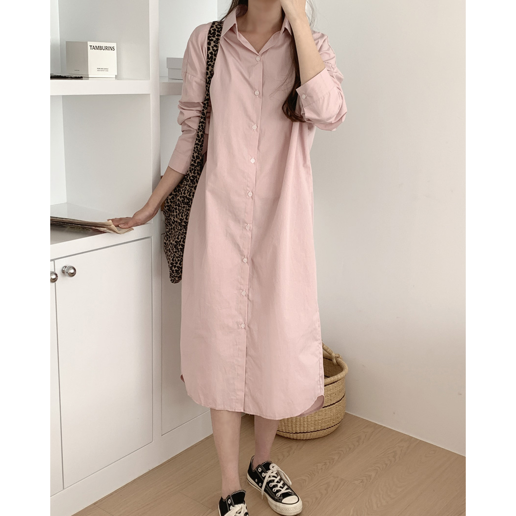 韩风chic2024秋季大码女装胖MM宽松衬衫裙子纯色长袖衬衫领连衣裙