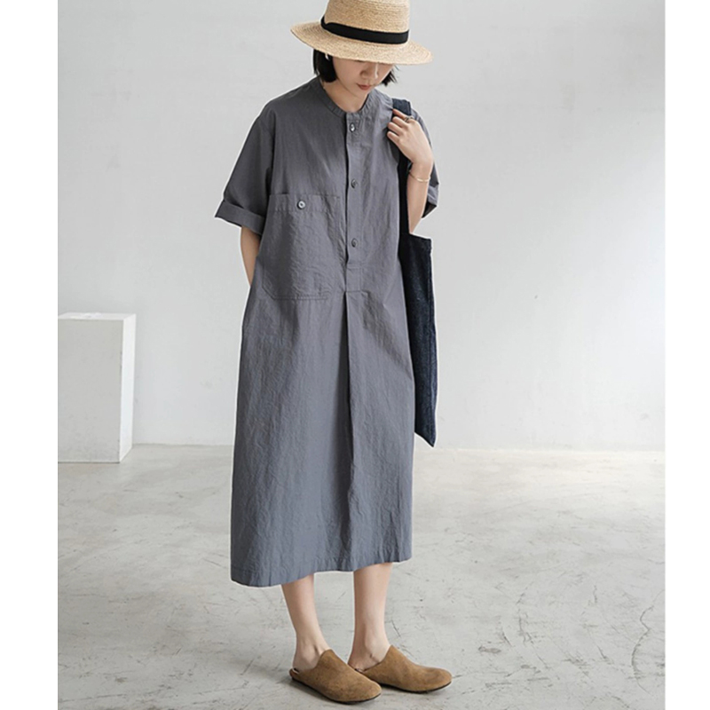 日韩chic夏季大码棉麻中长裙大口袋慵懒感宽松胖MM短袖衬衫连衣裙