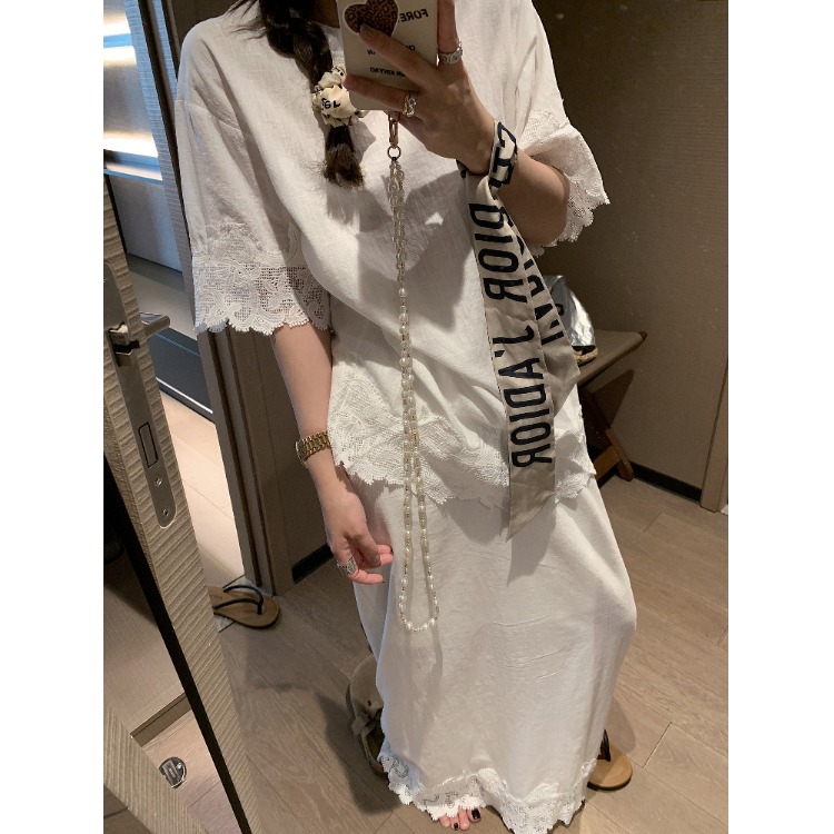 拼接蕾丝短袖t恤女夏季穿搭宽松显瘦大码女装休闲设计感中长上衣