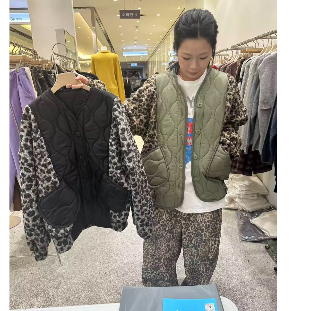 韩国chic2025秋冬大码慵懒小众豹纹毛圈拼接菱形格夹棉薄棉外套