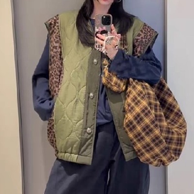 韩国东大门豹纹拼接棉服宽松显瘦大码时尚马甲上衣2025秋冬新品潮