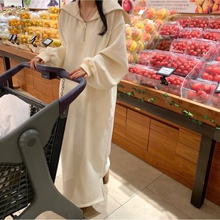 韩国chic25秋冬加絨套头卫衣裙女Polo领半拉链大码宽松长款连衣裙