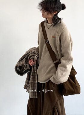 jiwu冬日系复古假两件圆领宽松针织衫男女学院风百搭撞色套头毛衣