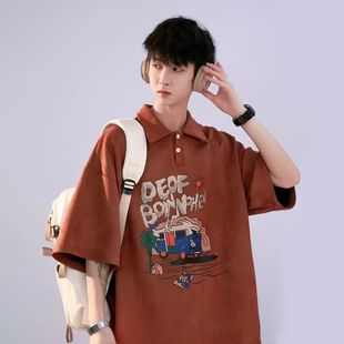 体恤 麂皮绒polo衫 夏季 翻领短袖 t恤男宽松上衣青少年字母印花半袖