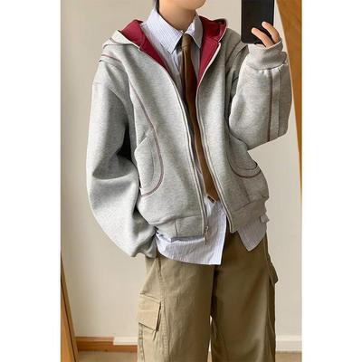 灰色重磅拉链开衫卫衣男款秋季宽松休闲连帽外套拼接运动情侣夹克