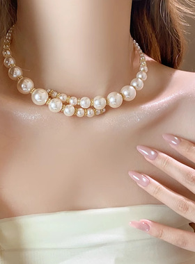 不规则交叉珍珠项链女高级感轻奢