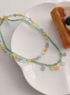 超仙彩色花朵锁骨项链ins