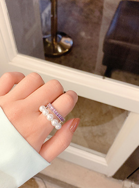 双层珍珠紫钻韩版时尚风戒指