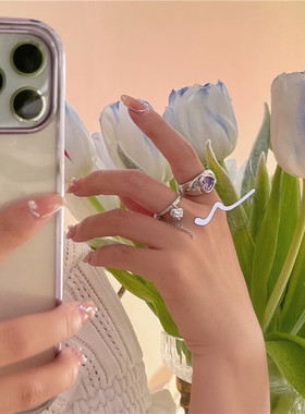 紫色锆石爱心叠戴金属链条戒指